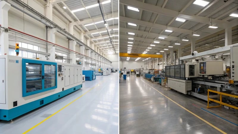 Manufacturing scene with injection molding and extrusion machines