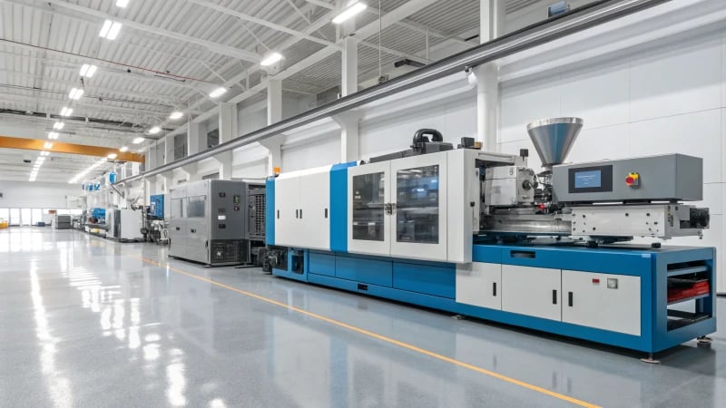 Industrial injection molding machine with molded plastic parts showing defects.