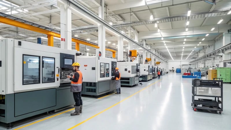 Modern manufacturing facility with extrusion and injection molding machines
