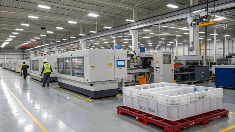 A spacious modern manufacturing facility with injection molding and vacuum forming sections