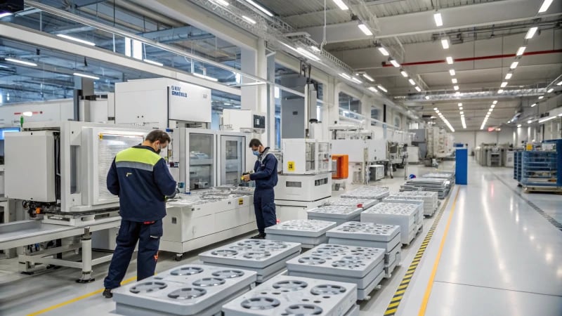 Workers inspecting molds in a manufacturing facility