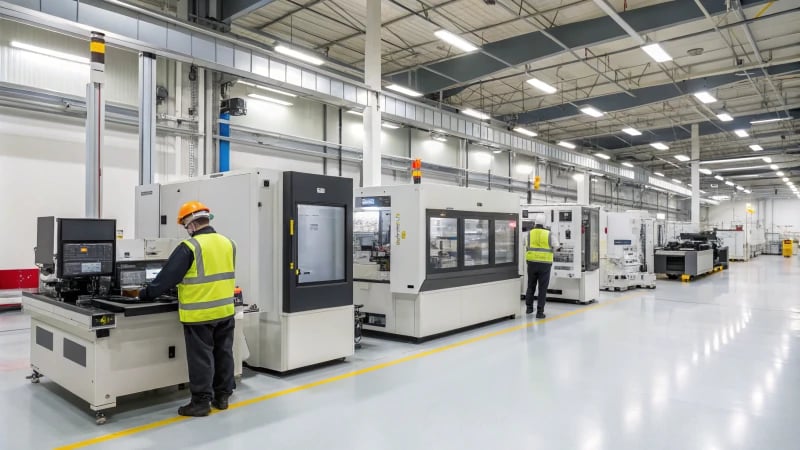 A high-tech manufacturing facility with advanced machinery and workers in safety gear