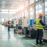 A bright and modern manufacturing facility with advanced machines and technicians