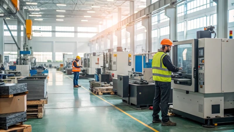 A bright and modern manufacturing facility with advanced machines and technicians