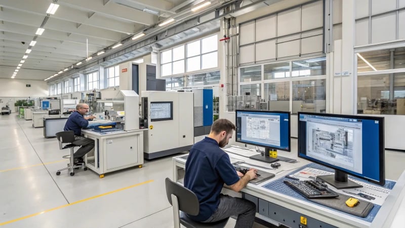 Interior of a modern manufacturing facility with engineers and advanced machinery