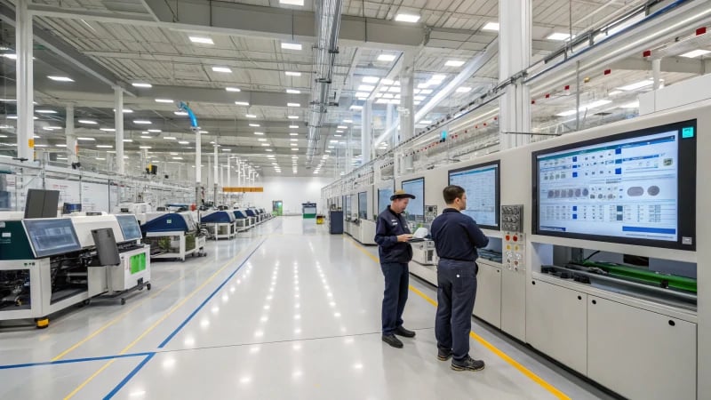 A modern manufacturing facility with workers and screens displaying data analytics.