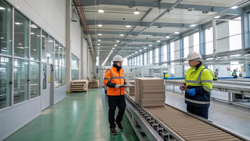 Workers inspecting materials in a bright manufacturing facility