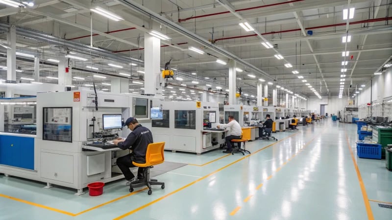 Workers in a modern manufacturing facility with advanced machinery