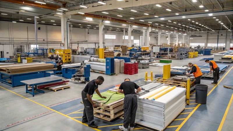 Workers collaborating in a modern manufacturing facility