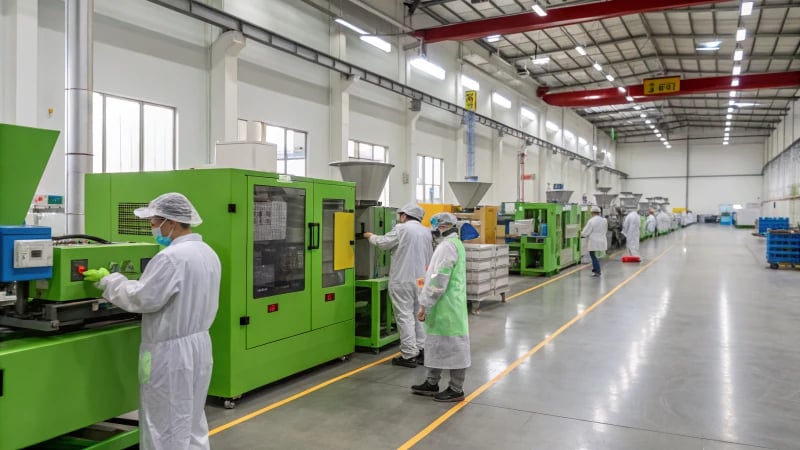 Workers in a modern manufacturing facility producing biodegradable plastics