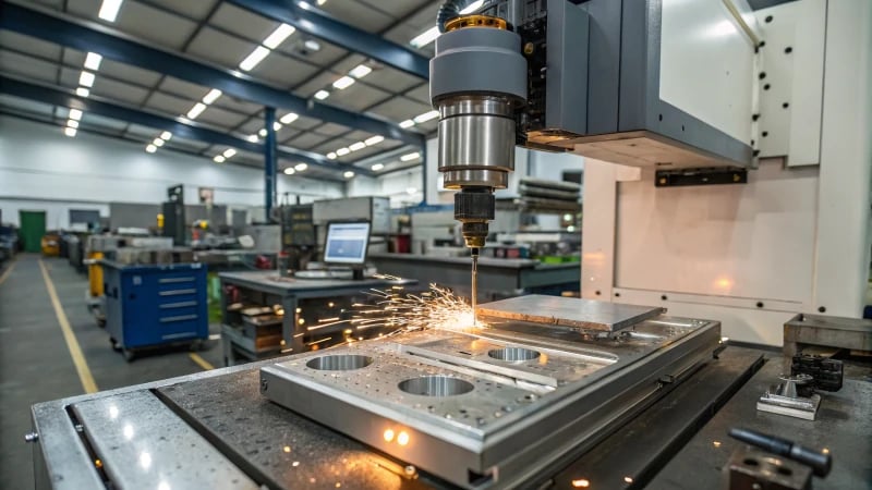 EDM machine cutting a metallic workpiece in a manufacturing facility