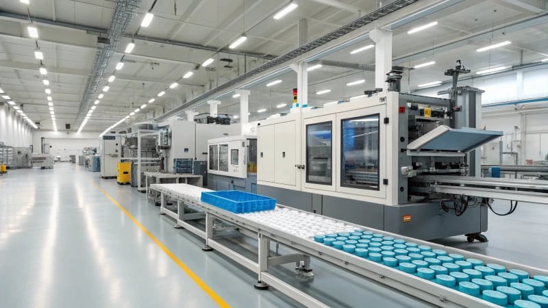Interior view of a modern manufacturing facility with gas-assisted molding technology