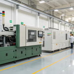 A modern manufacturing facility with two machines for injection molding