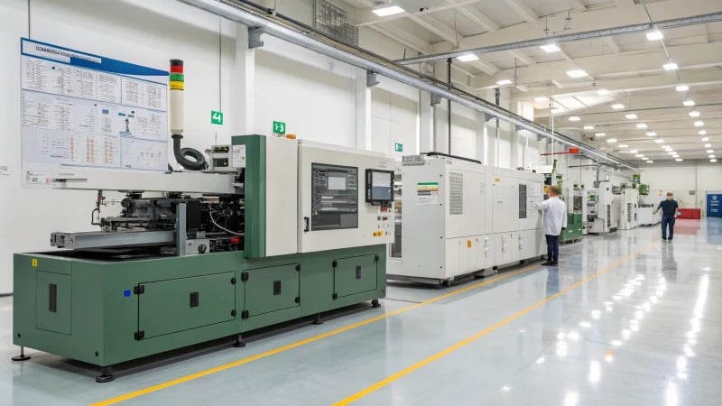 A modern manufacturing facility with two machines for injection molding