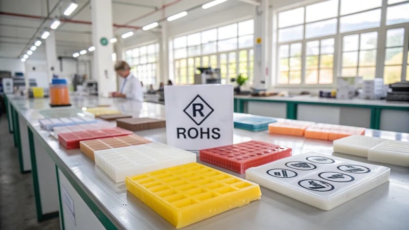 A modern manufacturing facility with polymer samples on a table.