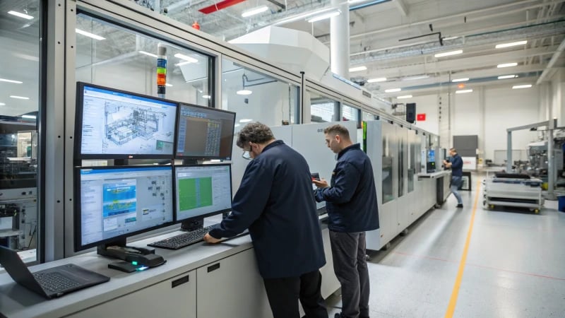 Engineers collaborating in a modern manufacturing facility