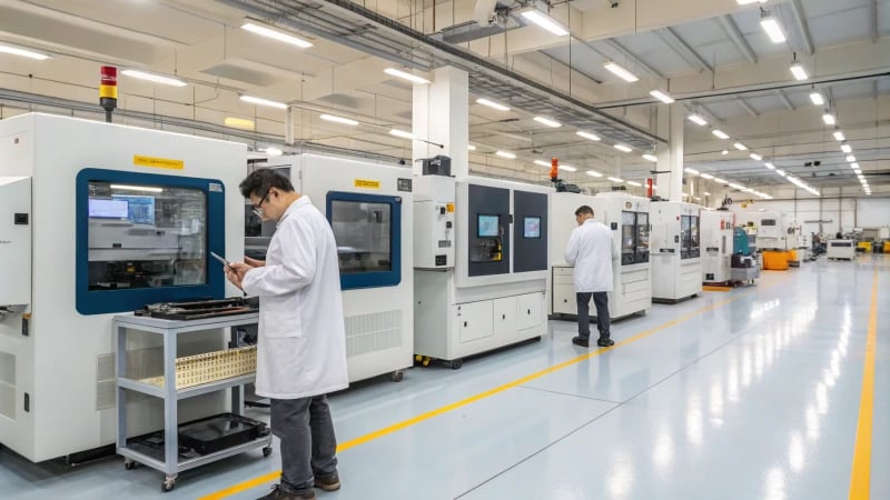 Technicians analyzing materials in a modern manufacturing facility