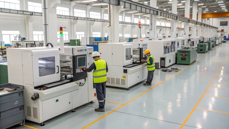 Workers in a modern manufacturing facility creating plastic molds