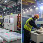 Split view of a modern manufacturing facility