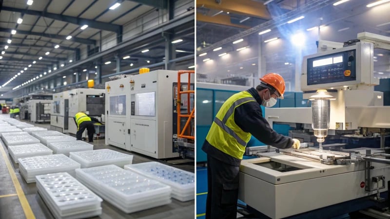 Split view of a modern manufacturing facility