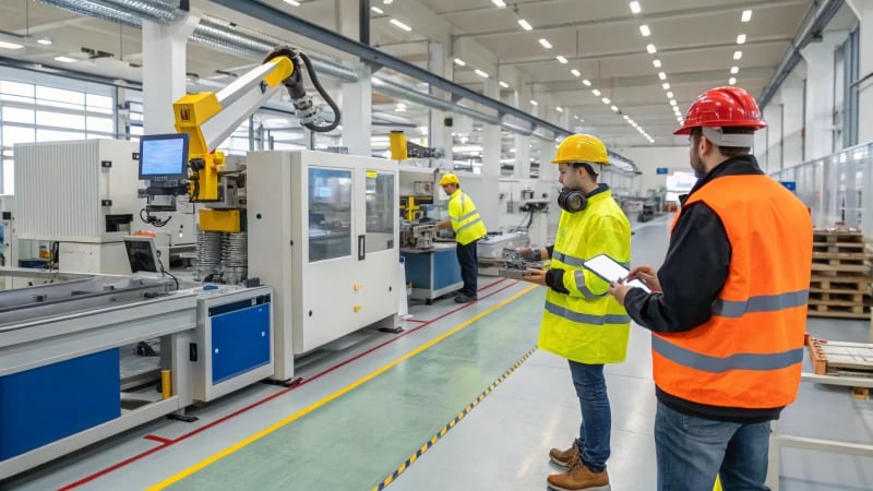 Operators in safety gear engaged in training at a manufacturing facility