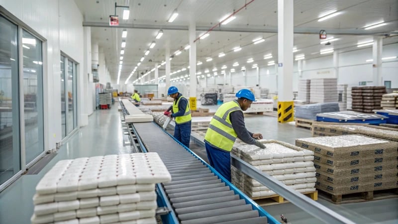 Modern manufacturing facility with workers and conveyor belt