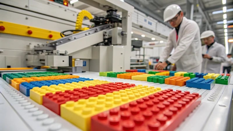 Close-up of a LEGO manufacturing line with colorful bricks