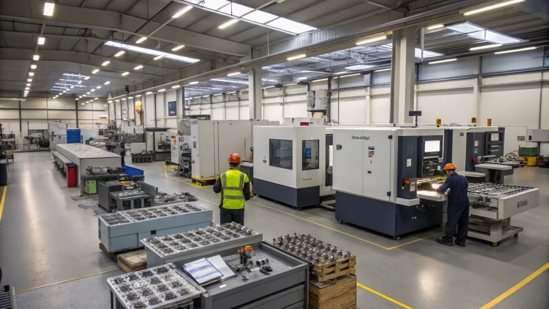 A modern workshop with CNC machines and workers in safety gear.