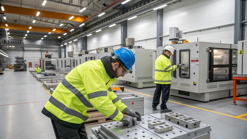 Workers assembling molds in a modern workshop