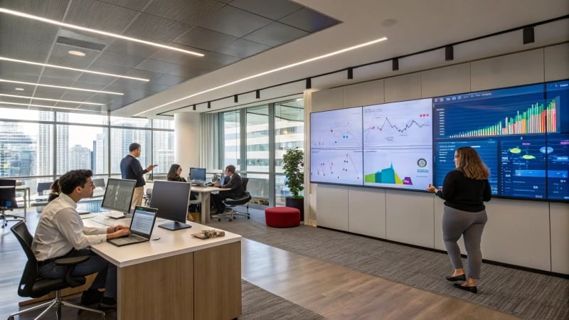 A diverse team collaborating in a modern office with high-tech workstations.