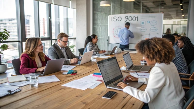 A diverse team discussing ISO 9001 certification in a conference room.