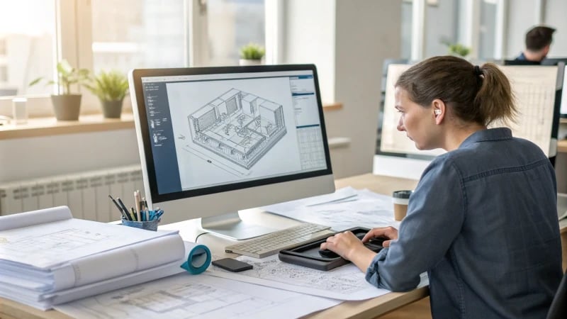 A professional mold designer working on a CAD model in an office