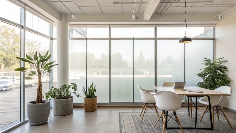 Modern office interior with frosted glass window