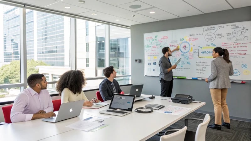 A modern conference room with professionals collaborating over charts and laptops.