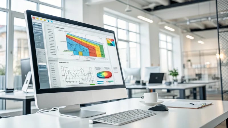 Modern office with computer displaying mold flow analysis software