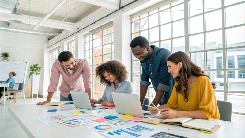 A diverse group of professionals collaborating in a bright office space.