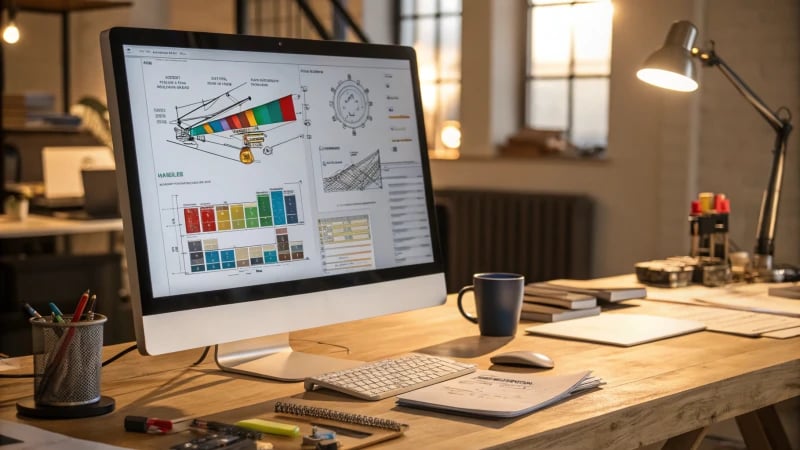 A modern office workspace with a large computer monitor displaying simulation software.