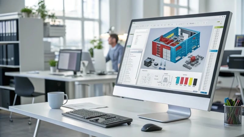 Modern office workspace with computer screen displaying manufacturing simulation