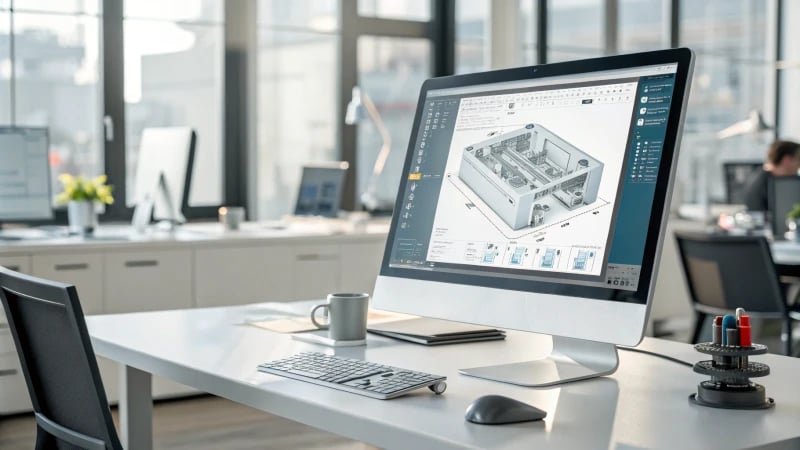 Modern office workstation with CAD software