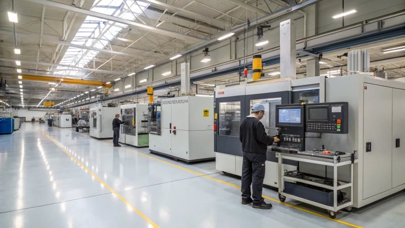 A modern plastic manufacturing facility with advanced machinery and operators