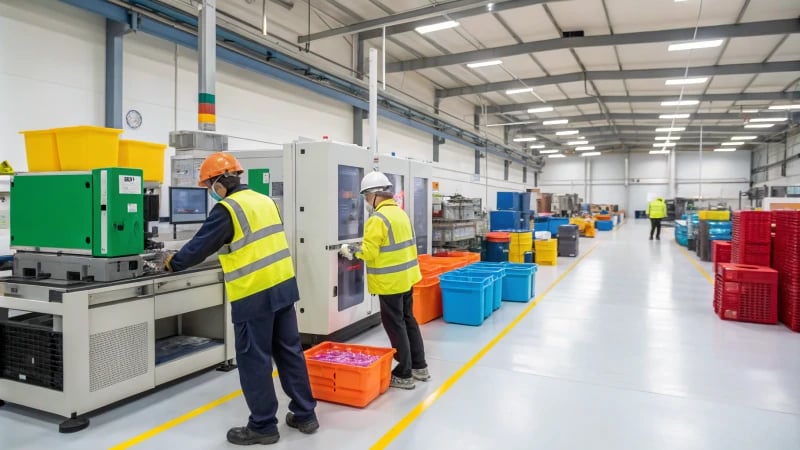 A modern plastic molding facility with workers and machinery