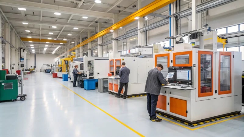 Photorealistic image of an extrusion machine and an injection molding machine in a manufacturing facility