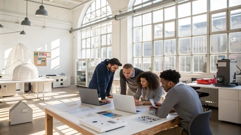 Engineers collaborating in a modern design studio