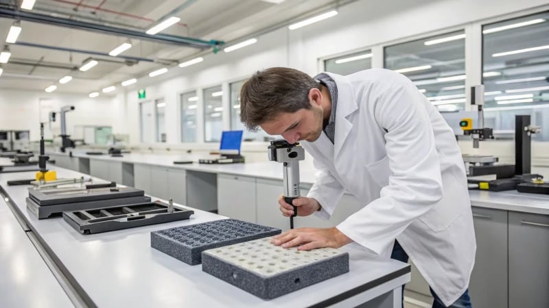 Technician inspecting molded product in a lab