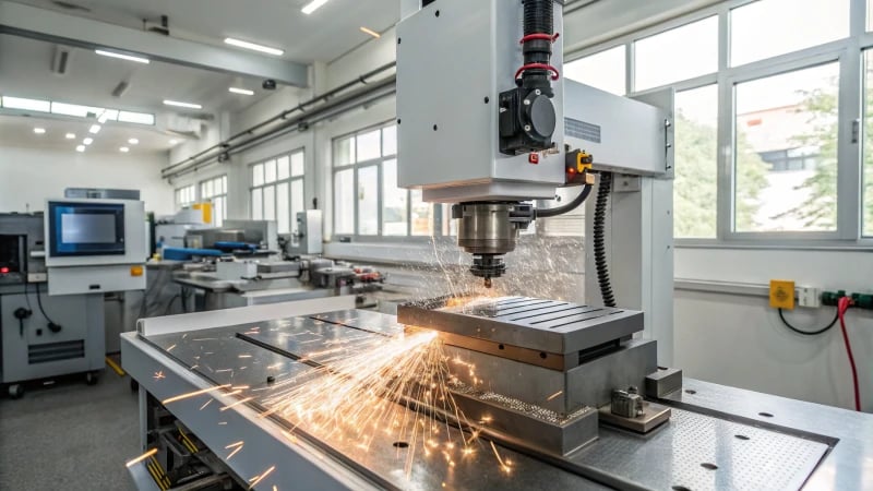 A Wire EDM machine cutting metal in a manufacturing facility