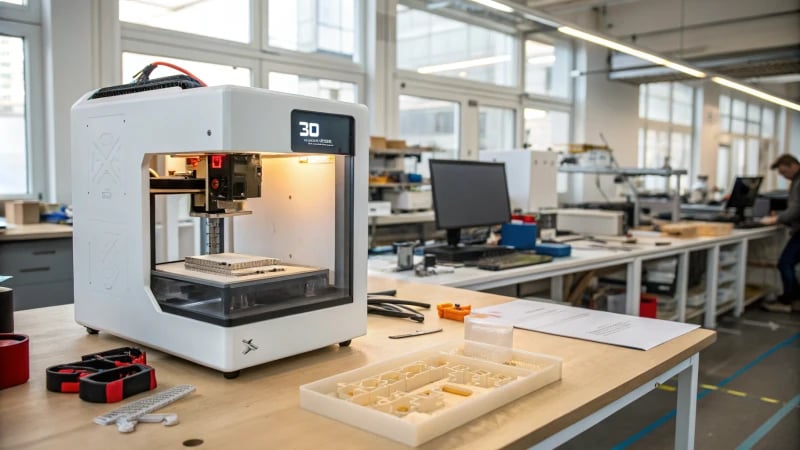 A modern workshop with a 3D printer creating a mold.