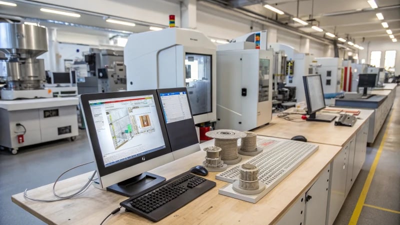 A modern workshop with advanced CNC machines and simulation software