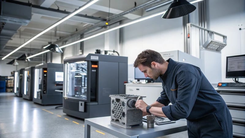 Technician inspecting a 3D printed component in a workshop