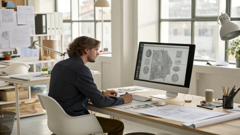 A designer working on CAD software in a modern workspace