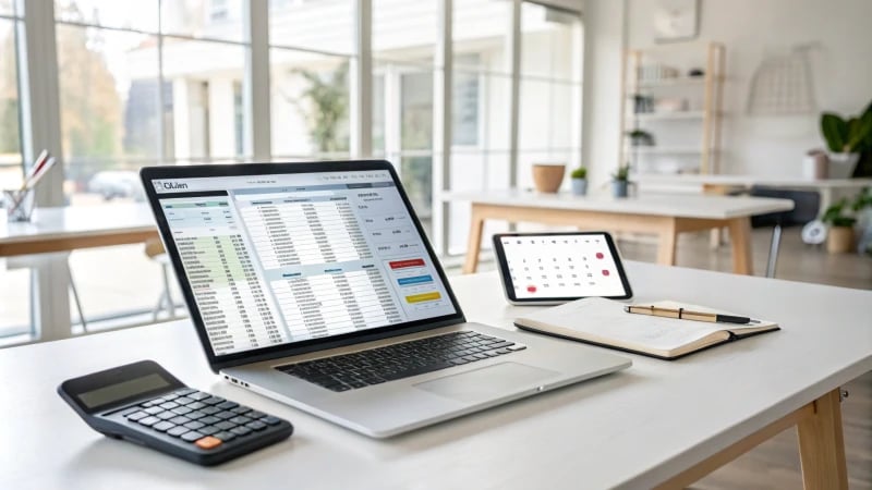 Modern workspace with a laptop, tablet, and smartphone